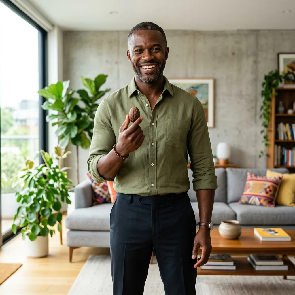 Nigerian man holding a bitter kola seed and smiling ? daily bitter kola consumption for male stamina and energy