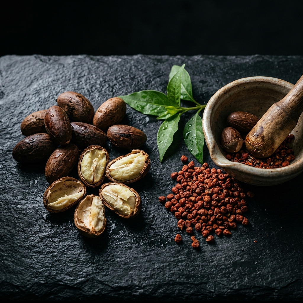 Bitter kola seeds split open next to alligator pepper seeds in a stone mortar on dark slate ? natural herbs for erection strength Nigeria