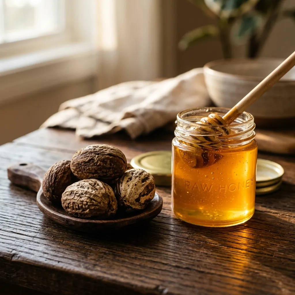 Bitter kola seeds on a wooden dish beside a jar of raw honey ? bitter kola and honey combination for male performance Nigeria