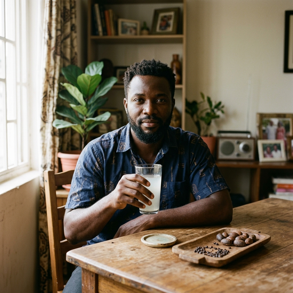 Nigerian man holding a glass of coconut water with bitter kola and alligator pepper seeds on a wooden tray beside him ? coconut water soak protocol for male stamina