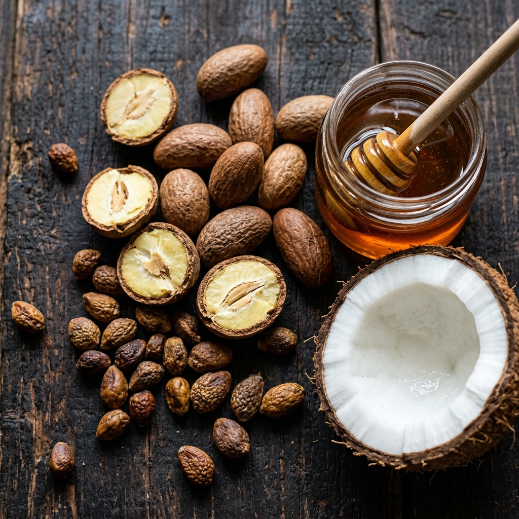 Bitter kola seeds, alligator pepper, halved coconut, and raw honey jar arranged on dark wood ? natural male stamina ingredients flatlay