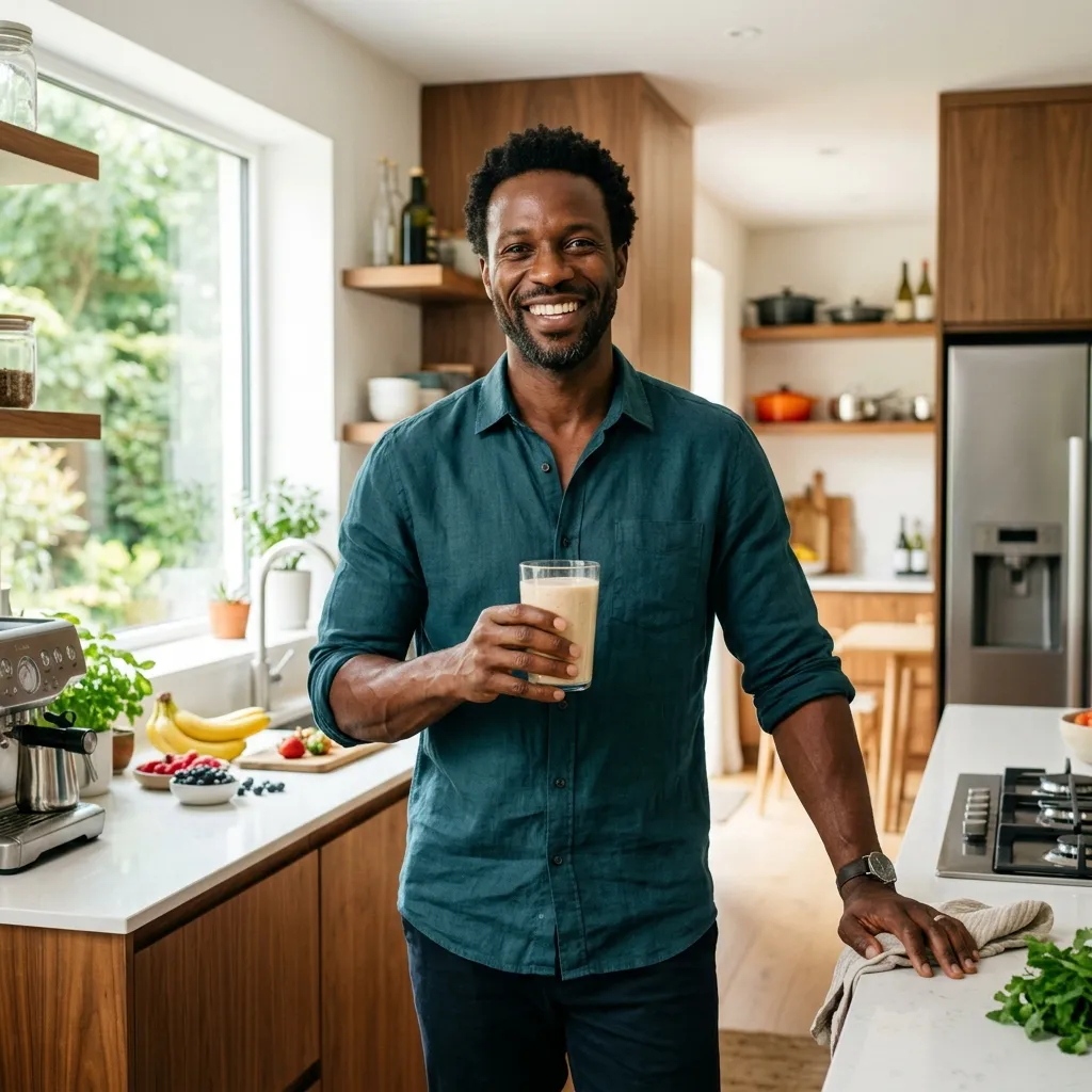 Healthy African man holding a natural tiger nut drink in a kitchen