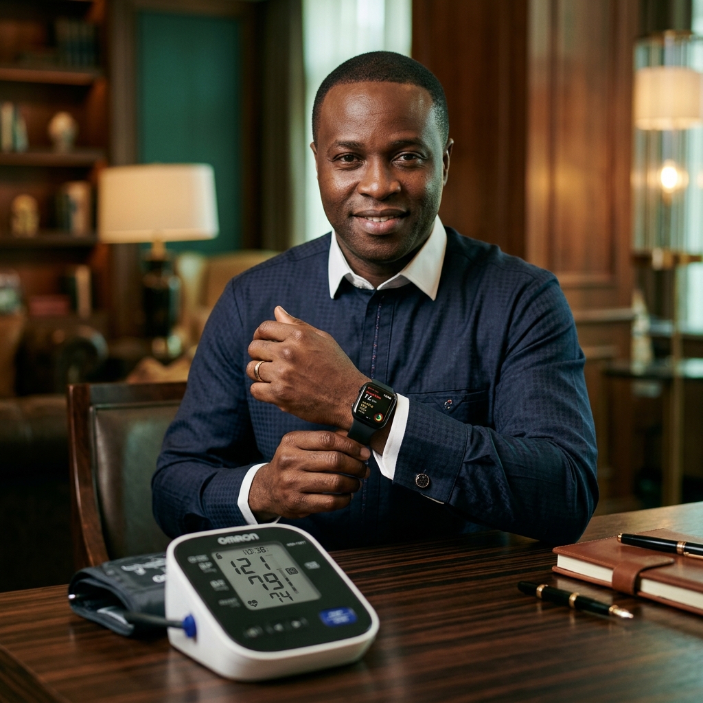 Nigerian man looking confident next to a blood pressure monitor ? high blood pressure and weak erection connection