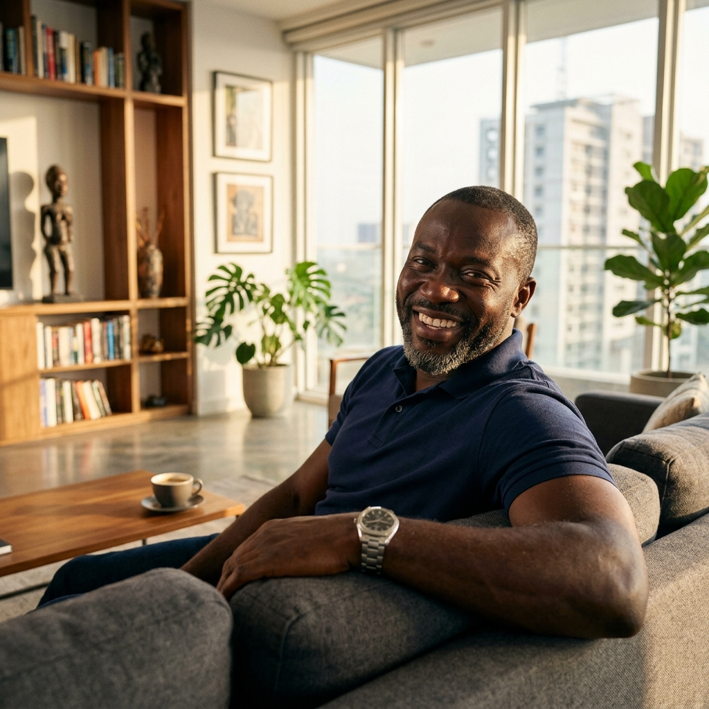Healthy Nigerian man in his 40s smiling confidently ? regaining bedroom confidence by addressing blood pressure
