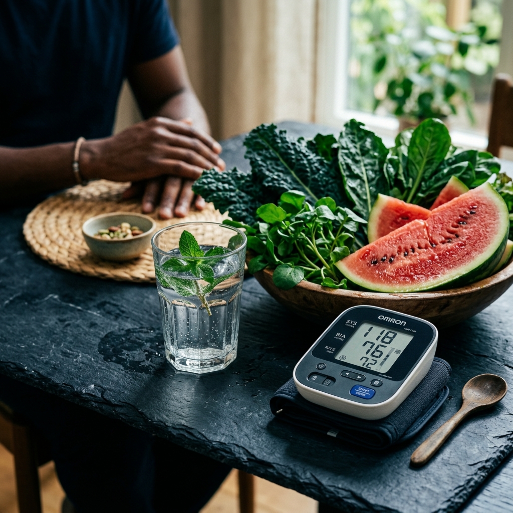 Watermelon slices, leafy greens, water, and blood pressure cuff ? natural vascular health foods for erection