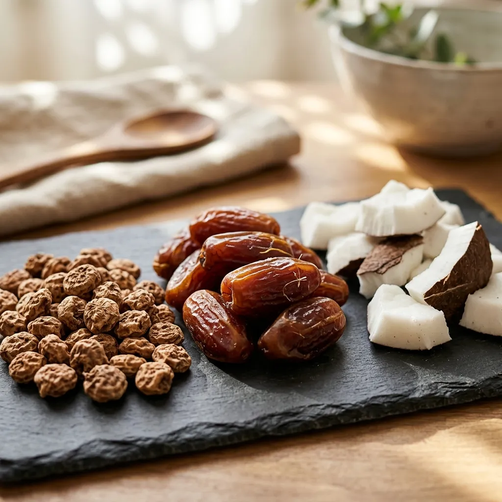Raw tiger nuts, pitted dates, and fresh coconut ingredients